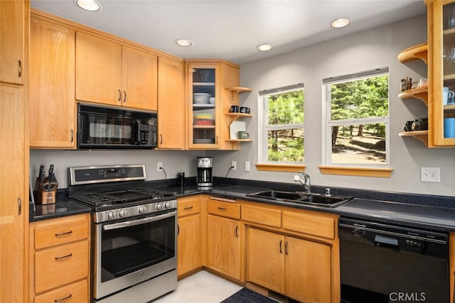 120 Top Of The W Dr, Chester, CA 96020 - kitchen with black appliances, open shelves, a sink, dark countertops, and recessed lighting