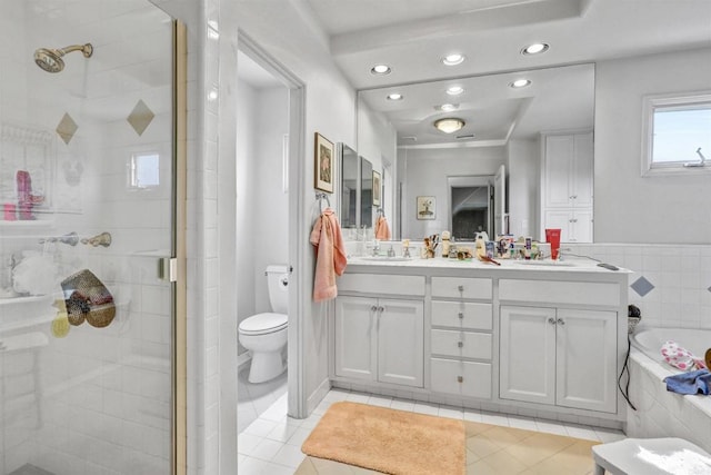 627 Arenas St, La Jolla, CA 92037 - full bathroom with a shower stall, tile patterned floors, toilet, double vanity, and recessed lighting