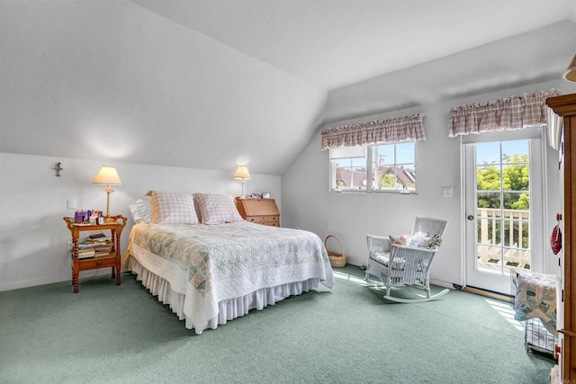 627 Arenas St, La Jolla, CA 92037 - bedroom with access to exterior, vaulted ceiling, and carpet flooring