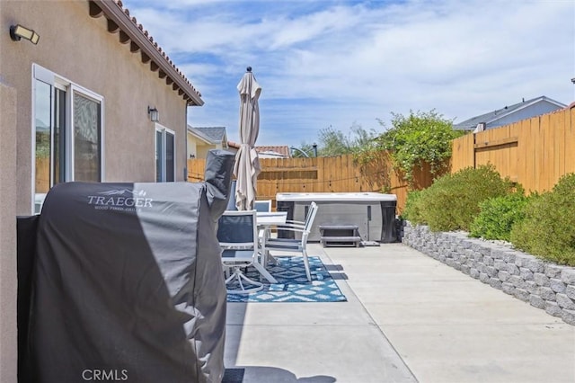 255 Waterfall Rd, Templeton, CA 93465 - fenced backyard with a hot tub, a patio, grilling area, and outdoor dining space
