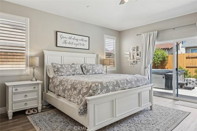 255 Waterfall Rd, Templeton, CA 93465 - bedroom with access to outside, wood finished floors, a ceiling fan, and baseboards