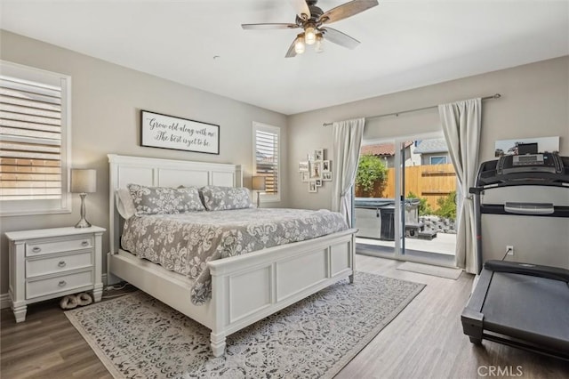255 Waterfall Rd, Templeton, CA 93465 - bedroom featuring access to exterior, wood finished floors, and a ceiling fan