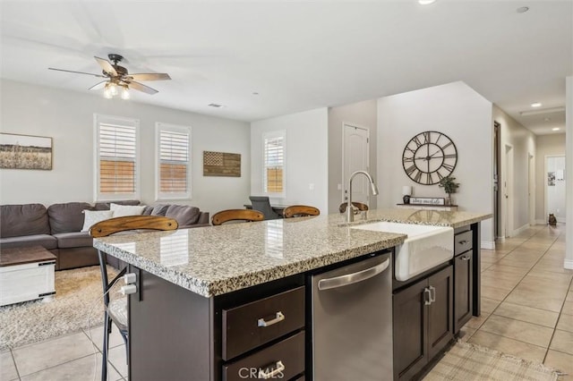 255 Waterfall Rd, Templeton, CA 93465 - kitchen featuring stainless steel dishwasher, light tile patterned floors, a sink, a ceiling fan, and open floor plan