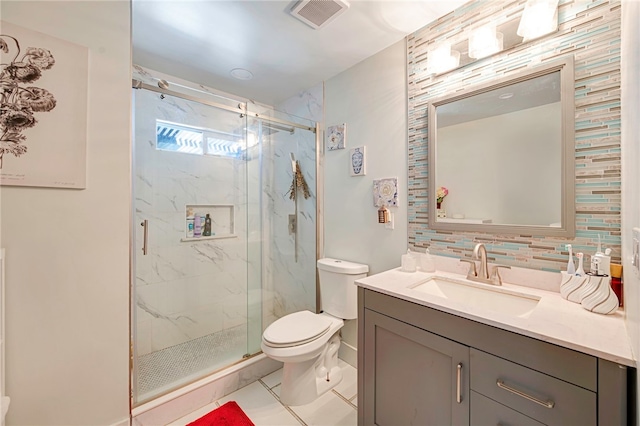 1111 W Berkeley Ct, Ontario, CA 91762 - bathroom featuring toilet, vanity, a marble finish shower, decorative backsplash, and tile patterned flooring
