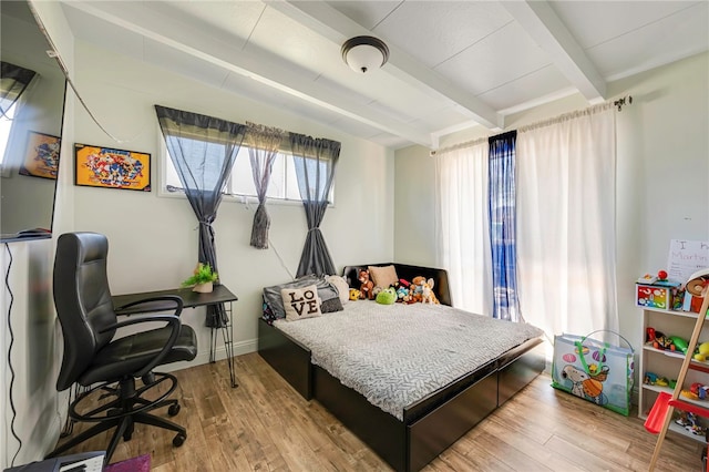 1111 W Berkeley Ct, Ontario, CA 91762 - bedroom featuring beamed ceiling, wood finished floors, and a desk