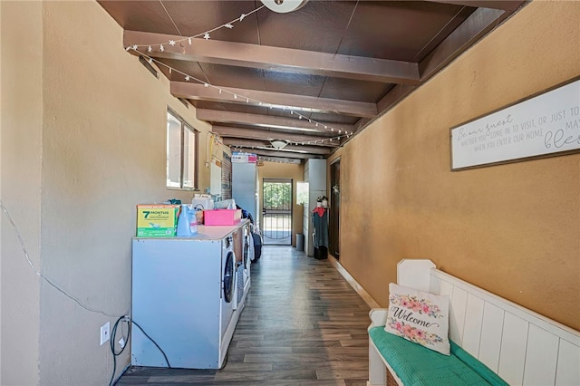1111 W Berkeley Ct, Ontario, CA 91762 - washroom featuring independent washer and dryer, wood finished floors, and a textured wall