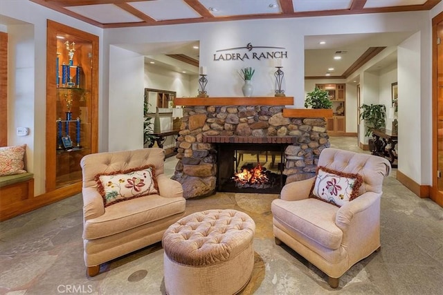19 Laurelhurst Dr, Ladera Ranch, CA 92694 - sitting room featuring recessed lighting, a stone fireplace, baseboards, coffered ceiling, and beam ceiling