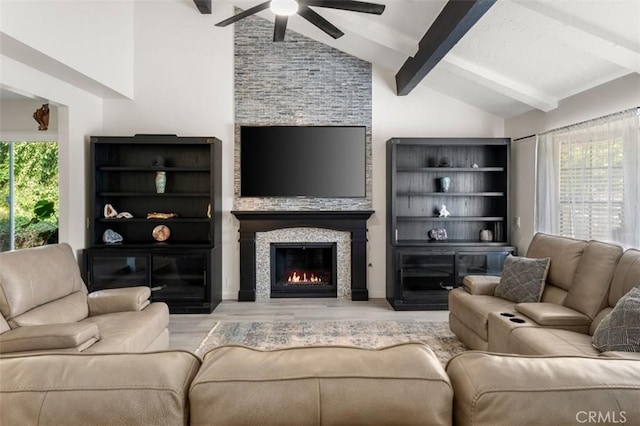 1520 Downs St, Oceanside, CA 92054 - living area featuring ceiling fan, wood finished floors, plenty of natural light, and a fireplace