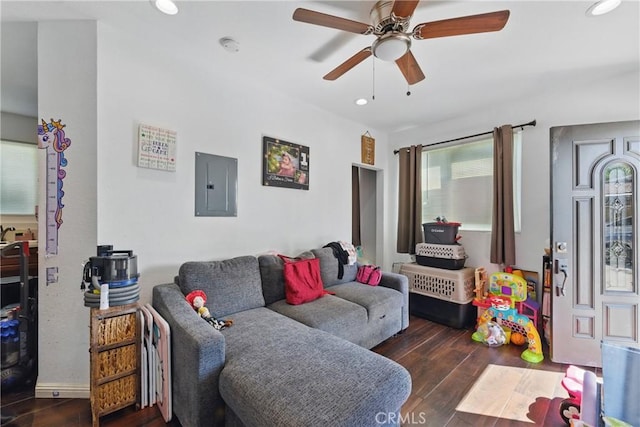 1089 E Columbia Ave, Pomona, CA 91767 - living room featuring electric panel, a ceiling fan, wood finished floors, recessed lighting, and baseboards