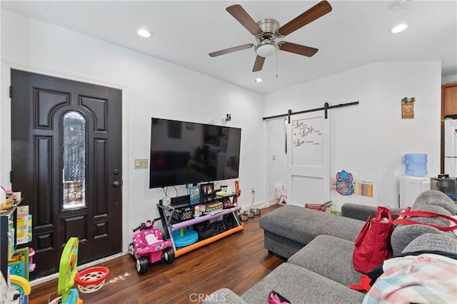 1089 E Columbia Ave, Pomona, CA 91767 - living room with a barn door, wood finished floors, a ceiling fan, and recessed lighting