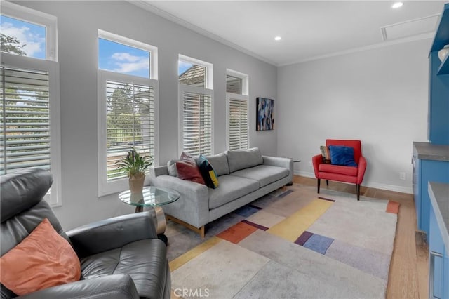 4275 Country Club Dr, Long Beach, CA 90807 - living room featuring crown molding, wood finished floors, baseboards, and recessed lighting