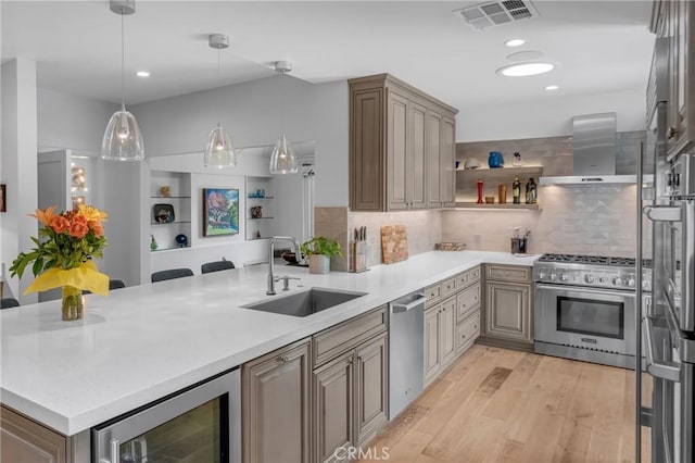 4275 Country Club Dr, Long Beach, CA 90807 - kitchen featuring a sink, appliances with stainless steel finishes, wall chimney exhaust hood, beverage cooler, and a peninsula