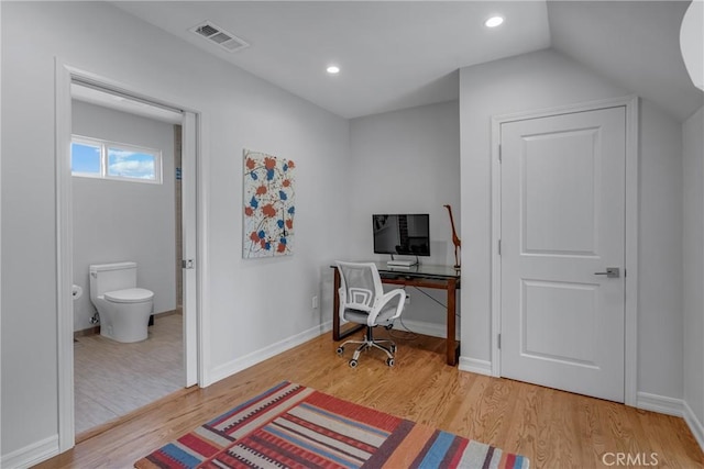 4275 Country Club Dr, Long Beach, CA 90807 - office area featuring light wood finished floors, baseboards, lofted ceiling, and recessed lighting
