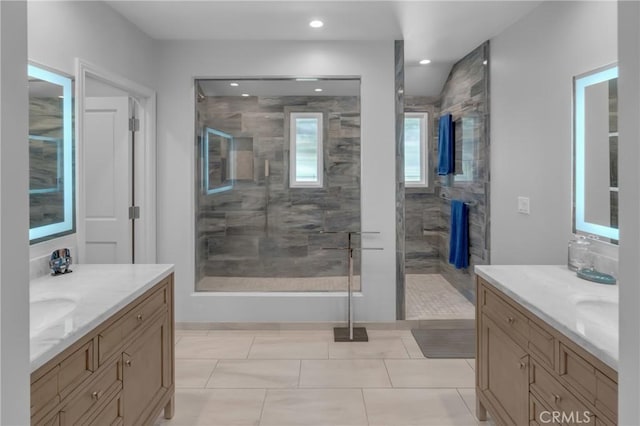 4275 Country Club Dr, Long Beach, CA 90807 - full bathroom with two vanities, a shower stall, and recessed lighting
