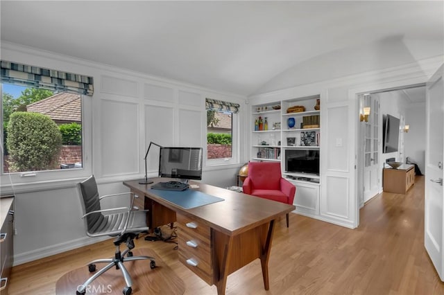 4275 Country Club Dr, Long Beach, CA 90807 - office with built in shelves, vaulted ceiling, light wood-style flooring, and baseboards