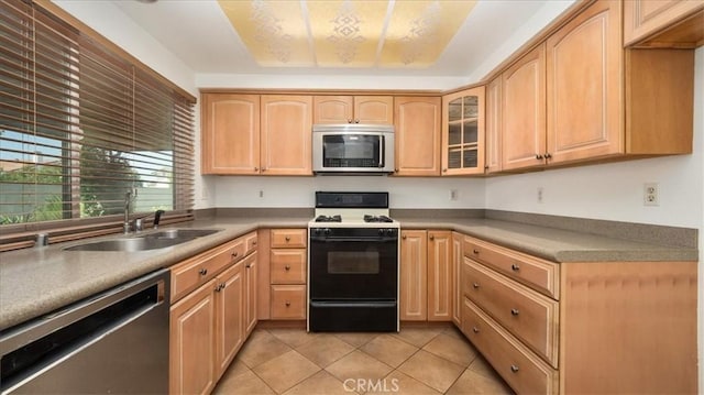 1589 Palomino Ave, Upland, CA 91786 - kitchen with stainless steel appliances, light brown cabinets, a sink, light tile patterned floors, and glass insert cabinets