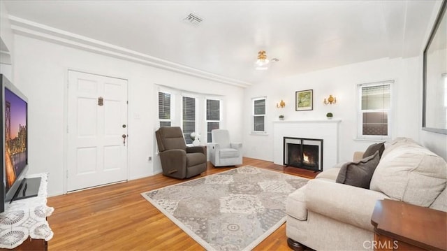 686 W 34th St, San Bernardino, CA 92405 - living room with a fireplace with flush hearth and light wood-style floors