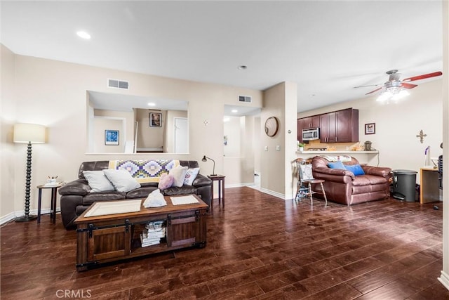 1441 Brett Pl Unit 136, San Pedro, CA 90732 - living room with dark wood-style floors, a ceiling fan, baseboards, and recessed lighting