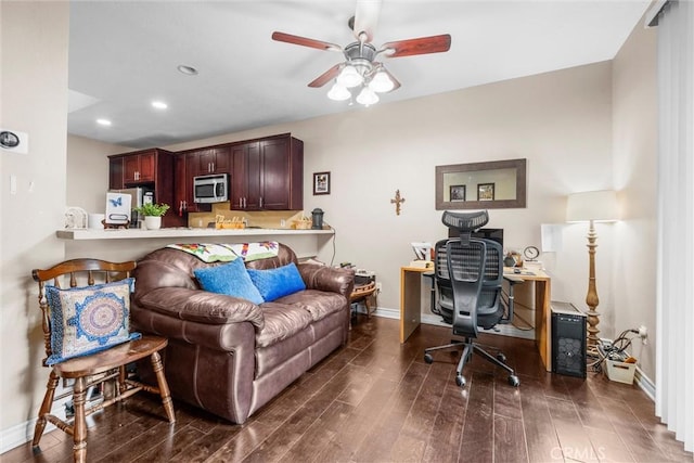 1441 Brett Pl Unit 136, San Pedro, CA 90732 - living area featuring wood finished floors, baseboards, ceiling fan, an office area, and recessed lighting
