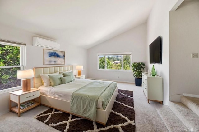14040 Old Station Rd, San Diego, CA 92064 - bedroom featuring an AC wall unit, light colored carpet, multiple windows, and lofted ceiling