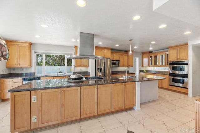 14040 Old Station Rd, San Diego, CA 92064 - kitchen featuring island range hood, appliances with stainless steel finishes, a sink, recessed lighting, and a spacious island
