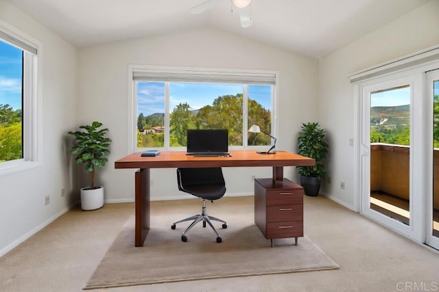 14040 Old Station Rd, San Diego, CA 92064 - office featuring light colored carpet, lofted ceiling, ceiling fan, and baseboards