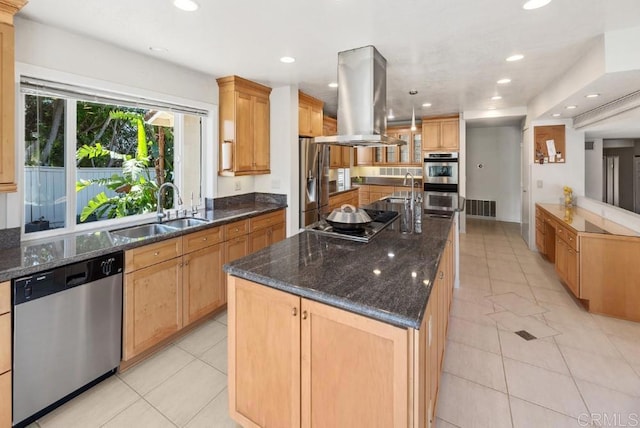 14040 Old Station Rd, San Diego, CA 92064 - kitchen featuring appliances with stainless steel finishes, island range hood, a sink, light tile patterned flooring, and recessed lighting