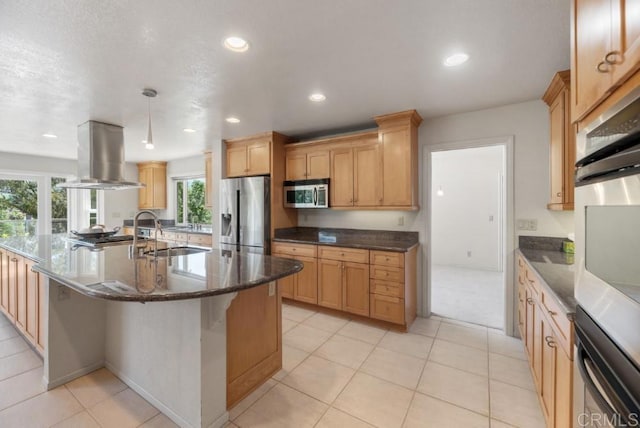 14040 Old Station Rd, San Diego, CA 92064 - kitchen featuring appliances with stainless steel finishes, island exhaust hood, plenty of natural light, recessed lighting, and a center island with sink