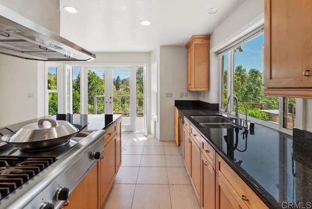 14040 Old Station Rd, San Diego, CA 92064 - kitchen featuring wall chimney exhaust hood, stainless steel cooktop, plenty of natural light, french doors, and recessed lighting