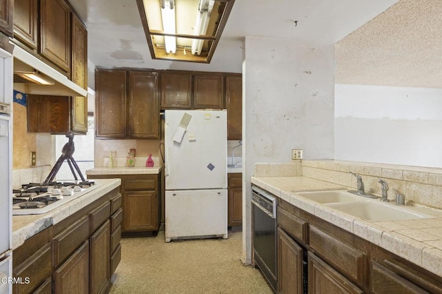 201 Village Rd, Port Hueneme, CA 93041 - kitchen with white appliances, a sink, tile countertops, and under cabinet range hood