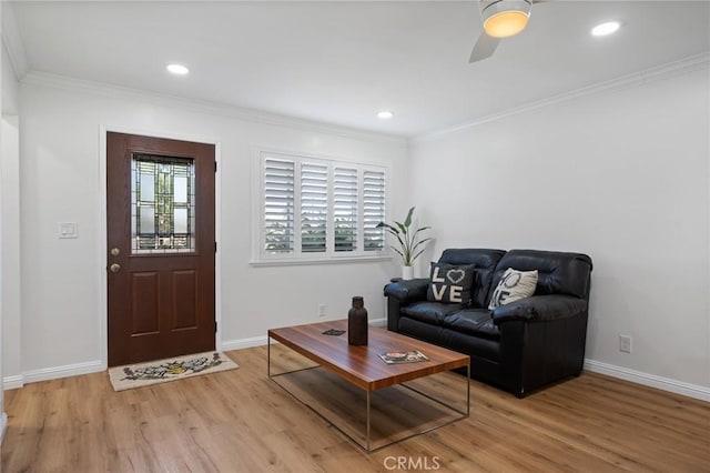 1630 247th Pl, Harbor City, CA 90710 - living area with light wood finished floors, crown molding, baseboards, recessed lighting, and a ceiling fan