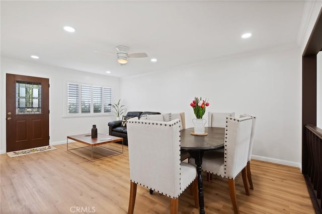 1630 247th Pl, Harbor City, CA 90710 - dining area featuring light wood-style flooring, baseboards, ceiling fan, crown molding, and recessed lighting
