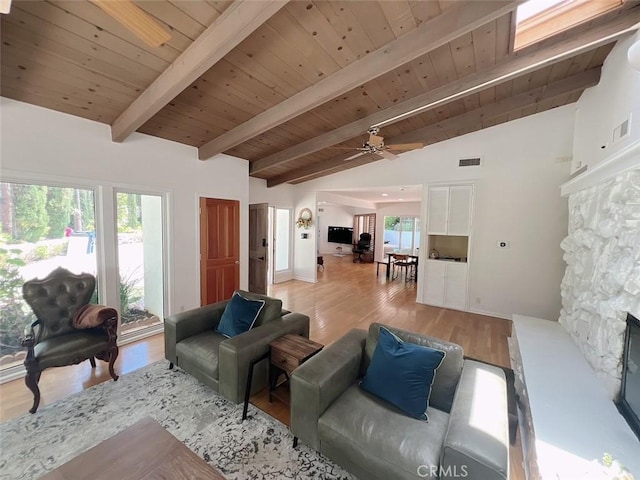 9466 Hidden Valley Pl, Beverly Hills, CA 90210 - living room featuring a fireplace, light wood-type flooring, wood ceiling, a ceiling fan, and baseboards