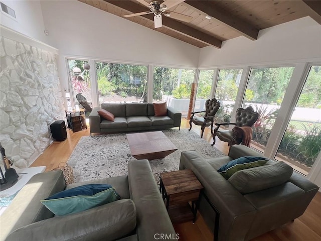 9466 Hidden Valley Pl, Beverly Hills, CA 90210 - living area featuring wooden ceiling, wood finished floors, and ceiling fan