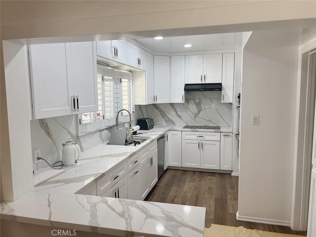 9466 Hidden Valley Pl, Beverly Hills, CA 90210 - kitchen with stainless steel dishwasher, white cabinetry, light stone counters, dark wood finished floors, and recessed lighting