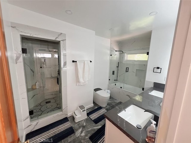 9466 Hidden Valley Pl, Beverly Hills, CA 90210 - full bathroom with vanity, marble finish flooring, and toilet