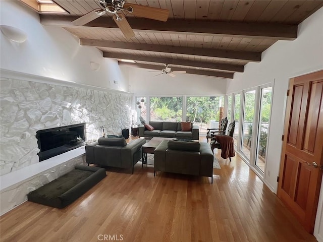 9466 Hidden Valley Pl, Beverly Hills, CA 90210 - living room featuring wooden ceiling, ceiling fan, a fireplace, and light wood-style floors