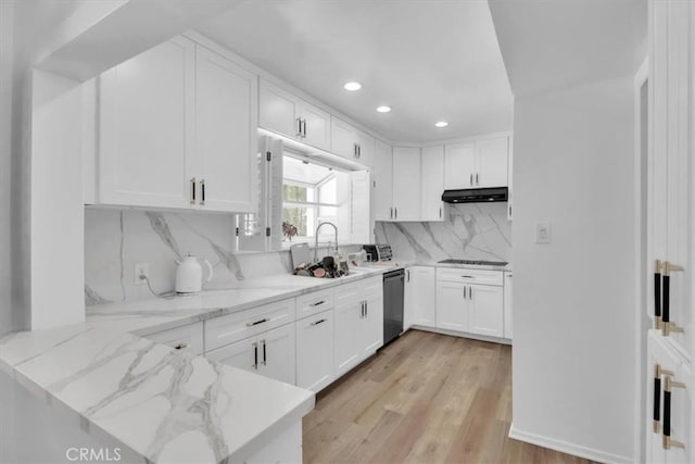 9466 Hidden Valley Pl, Beverly Hills, CA 90210 - kitchen featuring stainless steel dishwasher, white cabinets, recessed lighting, backsplash, and light stone countertops