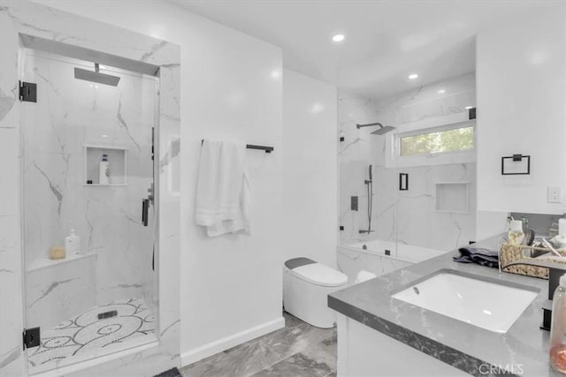 9466 Hidden Valley Pl, Beverly Hills, CA 90210 - bathroom with marble finish flooring, vanity, a marble finish shower, and recessed lighting