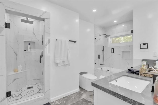 9466 Hidden Valley Pl, Beverly Hills, CA 90210 - full bath with marble tiled flooring, vanity, a marble finish shower, and recessed lighting