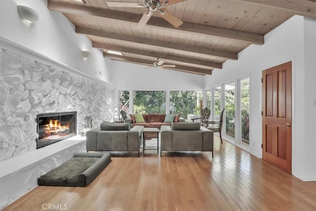9466 Hidden Valley Pl, Beverly Hills, CA 90210 - living area with wood ceiling, a ceiling fan, a fireplace, and wood finished floors