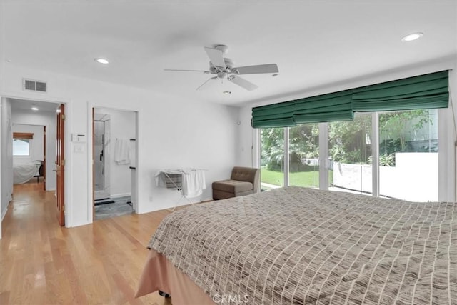 9466 Hidden Valley Pl, Beverly Hills, CA 90210 - bedroom with access to outside, recessed lighting, light wood-style flooring, ceiling fan, and ensuite bath