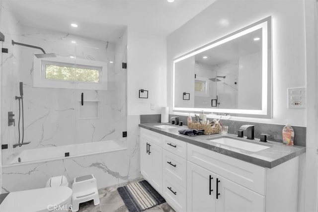 9466 Hidden Valley Pl, Beverly Hills, CA 90210 - full bath with marble finish flooring, a marble finish shower, double vanity, and recessed lighting