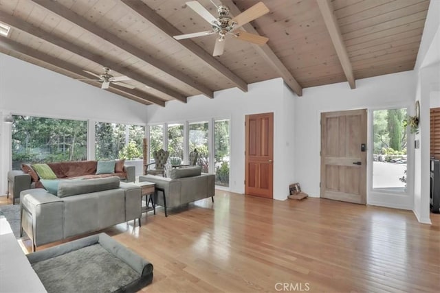 9466 Hidden Valley Pl, Beverly Hills, CA 90210 - living room featuring a ceiling fan, a wood ceiling with exposed beams, light wood-style flooring, and high vaulted ceiling
