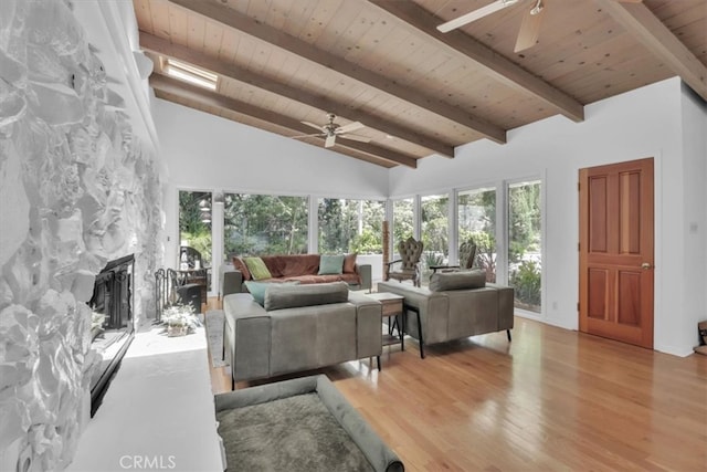 9466 Hidden Valley Pl, Beverly Hills, CA 90210 - living room with ceiling fan, a wood ceiling with exposed beams, wood finished floors, a fireplace, and high vaulted ceiling