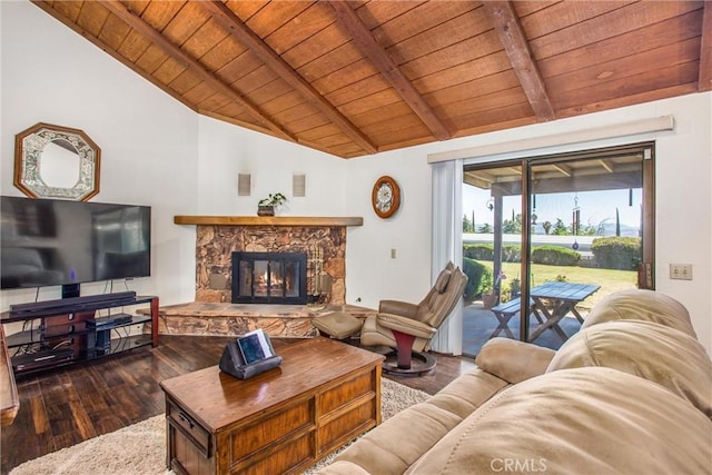 4256 Mockingbird Ln, Banning, CA 92220 - living room with wooden ceiling, wood finished floors, and a fireplace