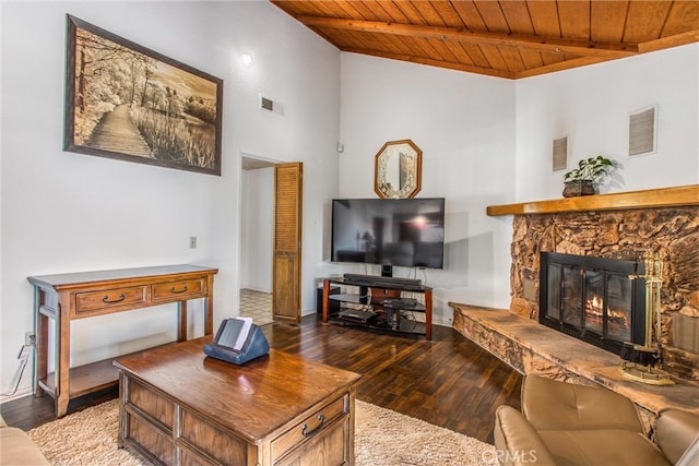 4256 Mockingbird Ln, Banning, CA 92220 - living area with wood ceiling, hardwood / wood-style floors, and a fireplace