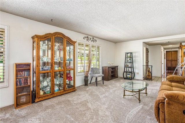 4256 Mockingbird Ln, Banning, CA 92220 - living room featuring carpet flooring and a textured ceiling