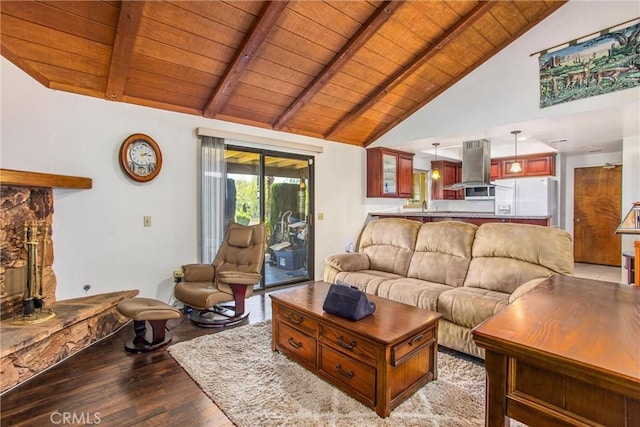 4256 Mockingbird Ln, Banning, CA 92220 - living area featuring wooden ceiling with exposed beams, hardwood / wood-style floors, and high vaulted ceiling