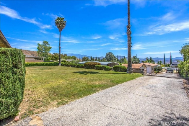 4256 Mockingbird Ln, Banning, CA 92220 - view of green lawn featuring a mountain view and asphalt driveway